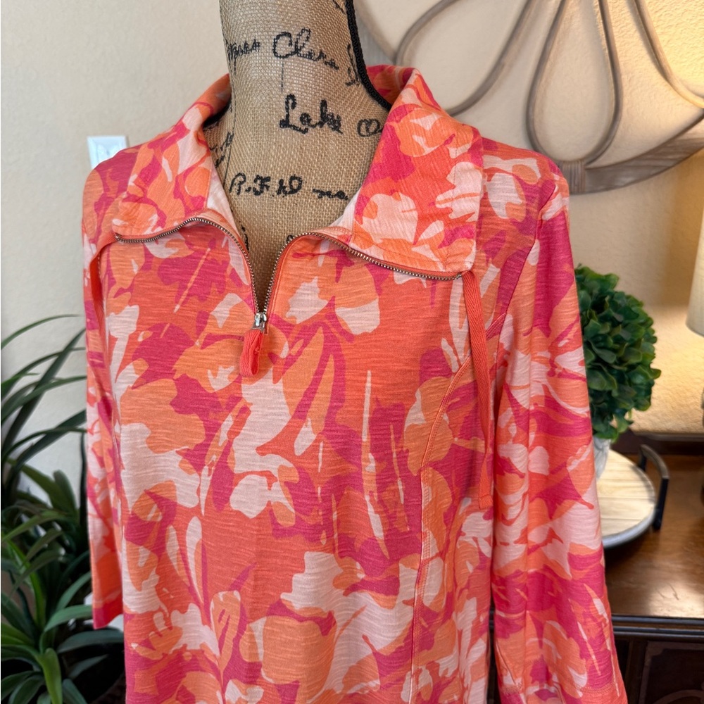 Chico’s Weekends Tropical Floral Pink and Orange Tunic Top - Picture 2 of 16
